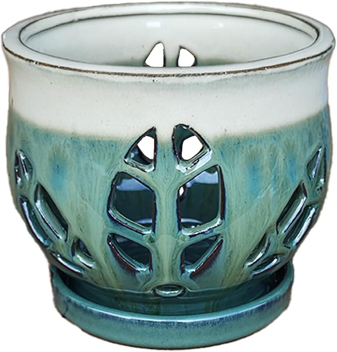 W&W Orchid Pot with Holes and Saucer for Repotting, Teal Mix, 6.5"