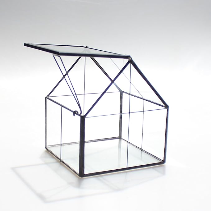 NCYP Mini Glass Terrarium with Lid - 4.25" x 4.25" x 4.92" Small House Shape Close Geometric Planter Pot for Mini Succulents Plant - Handmade, Home Garden Office Decor, Black (Terrarium Only)