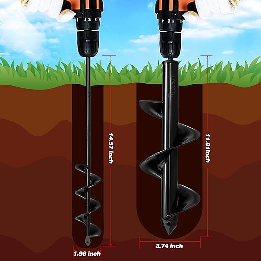 2Pcs Auger Drill Bit Planter, (3.7x11.8 and 1.9x14.5 in) Ruooson Spiral Auger for Planting Flower Bulb Auger, Rapid Planter Digger for 3/8" Hex Drive