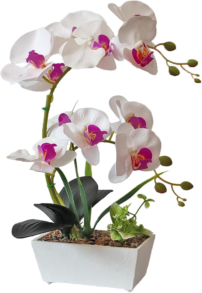 White Orchids Artificial Flowers Fake Orchid in Pot Phalaenopsis Flower Large Faux Orchid Plant Real Looking Fake Flowers Table Decor for Living Room Centerpieces Indoor Bathroom Plants