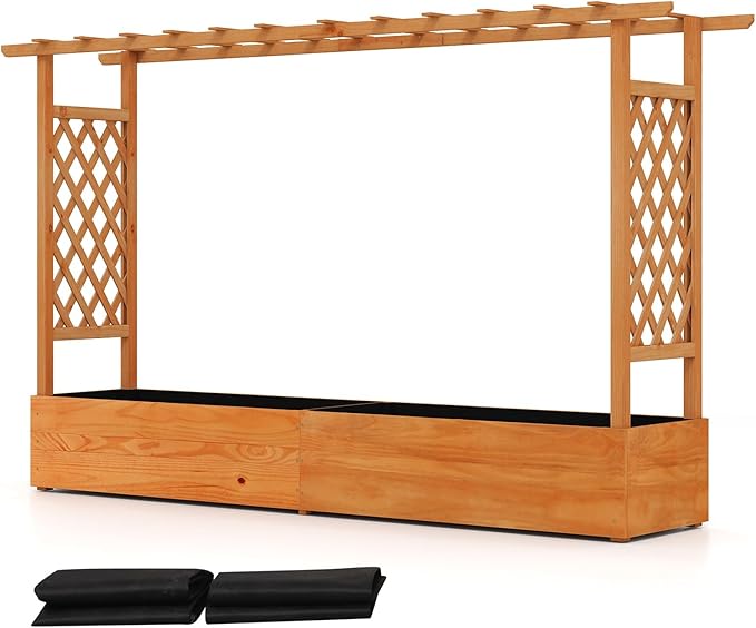BECOMFORT Raised Garden Bed with Trellis & Hanging Roof, 45" Tall Fir Wood Planter Box with Drainage Holes, Outdoor Elevated Garden Planter for Climbing Vines (Orange, 79" Lx17.5 Wx45 H)
