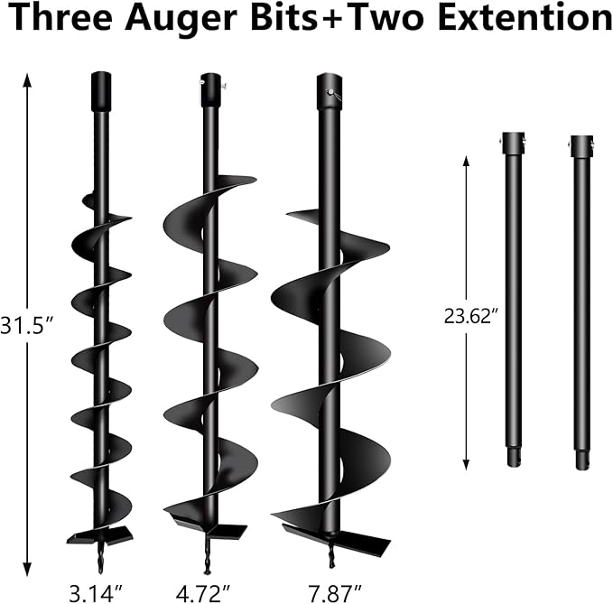 72cc Post Hole Digger 2-Stroke Petrol Gas Powered Earth Digger with 3 Auger Drill Bits (3" 5" & 8") + 2 Extension Rods（24" & 24"） for Farm Garden Plant