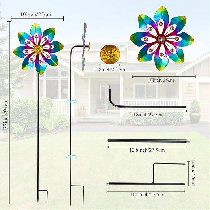 VEWOGARDEN 2 Pack Wind Spinners Outdoor, Metal Wind Spinner with Flower Design for Yard Garden Lawn Decorations, Colorful