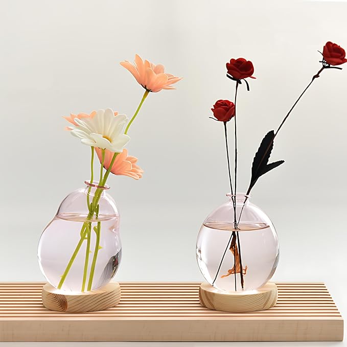 Plant Propagation Station Glass Planter Terrarium Jar with Wooden Stand Adjustable, Unique Flower Vase for Hydroponic Plants Cuttings, Plant Lover Gifts Home Boho Decor (Pink)