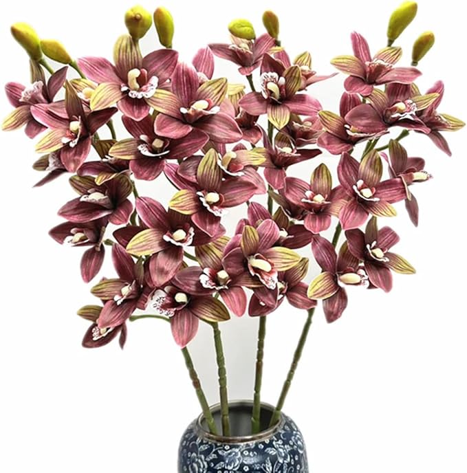 4pcs Artificial Cymbidium Orchid Flower Plant 3D Print Vanda 10 Heads Latex Phalaenopsis Flower (Yellow red)