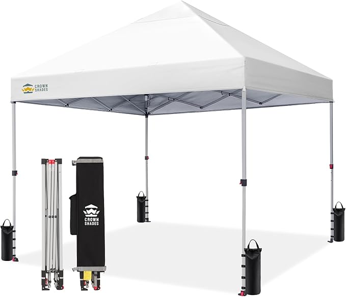 CROWN SHADES 8x8 Pop Up Canopy - Beach Tent with One Push Setup - Easy Outdoor Sun Shade for Events, Parties, Camping - Gazebo with STO-N-Go Cover Bag, Silver Coated Top, White
