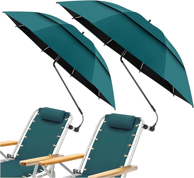 2 Pack 48.6" Double Canopy Beach Umbrella with Clamp, UPF50+ Beach Chair Umbrella with clip, 360°Adjustable Portable Outdoor Wheelchair, Patio, Golf Carts,Camping(Blackish Green, Not Include Chair)
