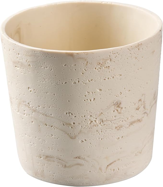 Ekirlin 7 Inch Natural Travertine Textures Plant Pot, Resin Outdoor Planter with Drainage Hole, Removable Rubber Stopper and Non-Slip Soft Pad,Weatherproof Decorative Pot for Indoor/Garden Plants