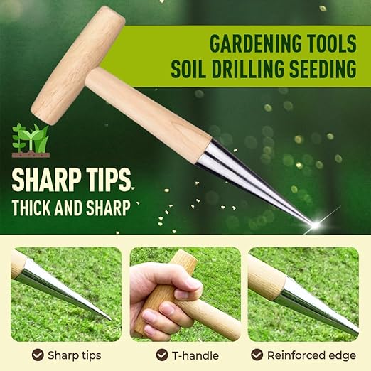 Plant Hole Digger for Planting, Seed Dibber Garden Tool, Hand Dibbler Seed Planter Tool,Bulb Planter Tool, Seeds Transplanting Plants Planting Bulbs, T Wooden Handle - Easy to Drill Holes (1PC)