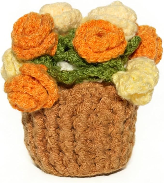 Handmade Crochet Orange Rose Coaster, Realistic Mini Flower Pot Holder, Washable Cotton Yarn Table Decoration, Multi-Purpose Mat for Cup & Mug, 2 x 2 x 3.5 inches
