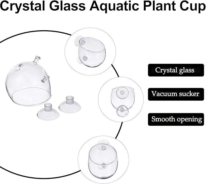 Tfwadmx Aquarium Plant Holder Pot Aquarium Decor Crystal Glass Aquatic Plant Cup with Suction Cups for Fish Tank Aquascape Decoration (4 Pack)