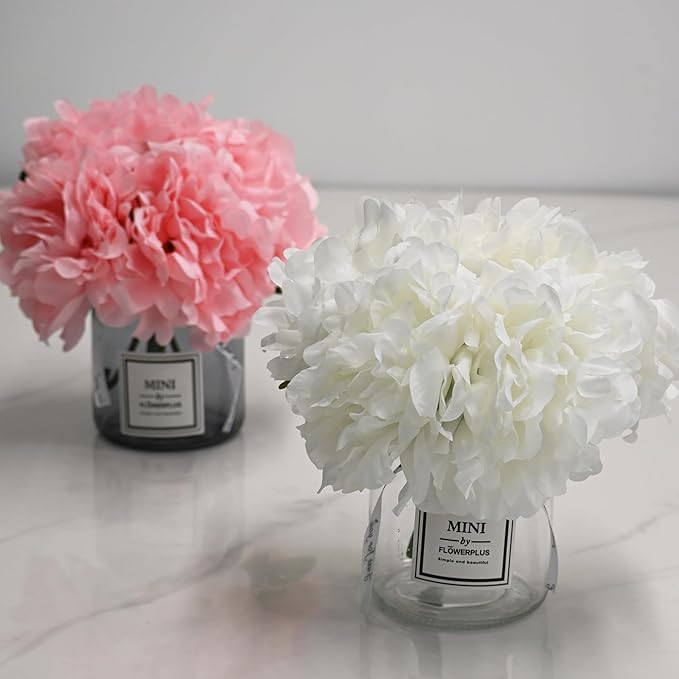 LADADA Artificial White Peony Bouquet in Mini Glass Vase – Faux Floral Arrangement for Home Decor, Wedding Centerpieces, Tabletop Accents