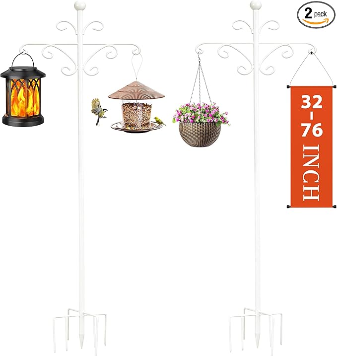 Bird Feeder Pole for Outdoors Heavy Duty Squirrel Proof, 2 Pack 76 Inch Adjustable Tall Shepherds Hooks for Outdoor with 7 Prongs Base, Double Shepherd Hooks (2 Pack White, 76 Inch)