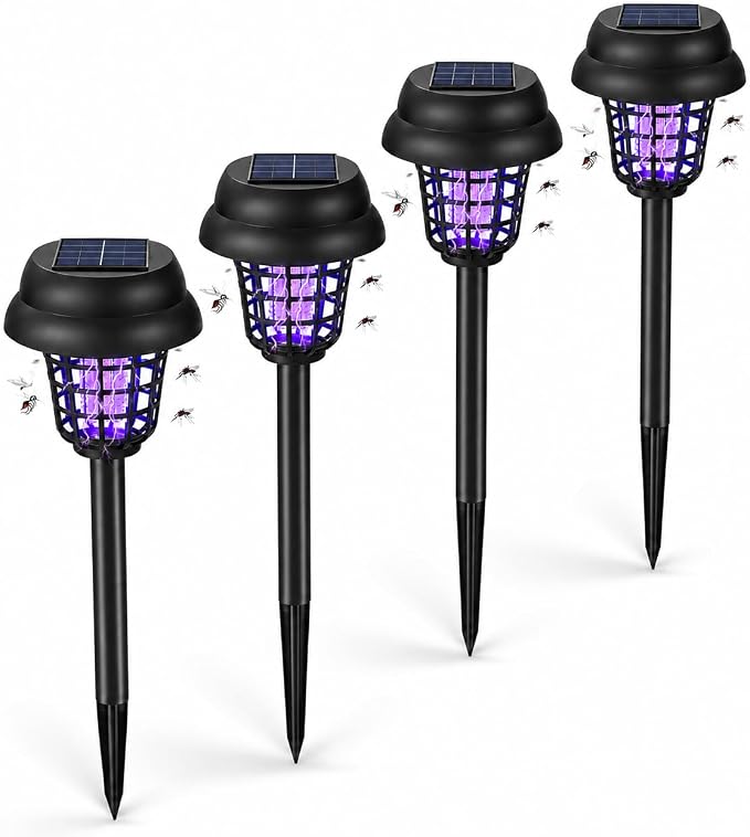 2026 4Pack Mosquito Repellent Outdoor Patio,Solar Bug Zapper Outdoor Mosquito Zapper for Moths,Gnats,Flies,Small Flying Insect,Gnat Killer for Vegetable Beds,Electric Fly Zapper for Backyard,Garden
