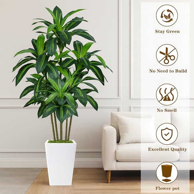 7FT Artificial Dracaena Tree, Fake Tree Indoor with White Tall Planter, Tall Artificial Plants Indoor, Artificial Silk Tree for Home Office Decor Plants Indoor Outdoor (White)