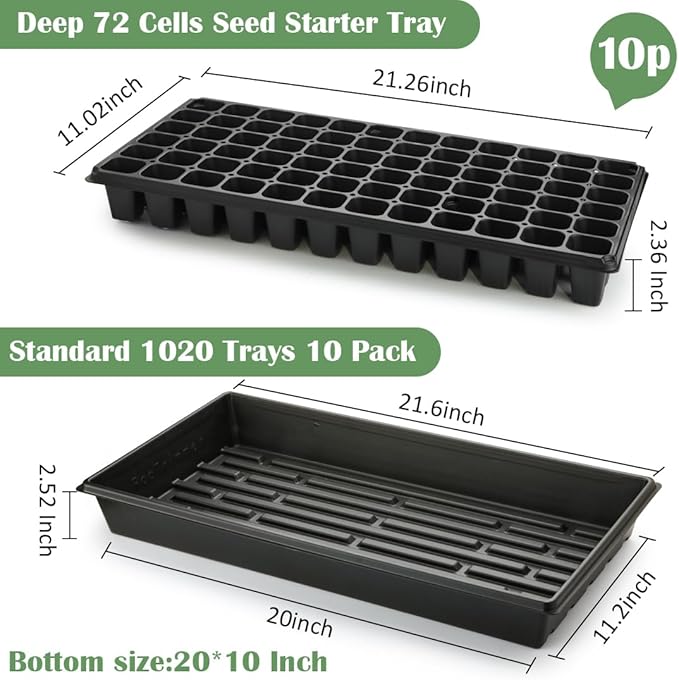 RooTrimmer 10 Pack 1020 Trays No Holes and 10 Pack 72 Cell Seed Starter Tray, 20" x 10" - Heavy Duty Reusable Plastic Seed Starter Kit for Microgreens, Seed Germination & Plant Propagation (10 Sets)