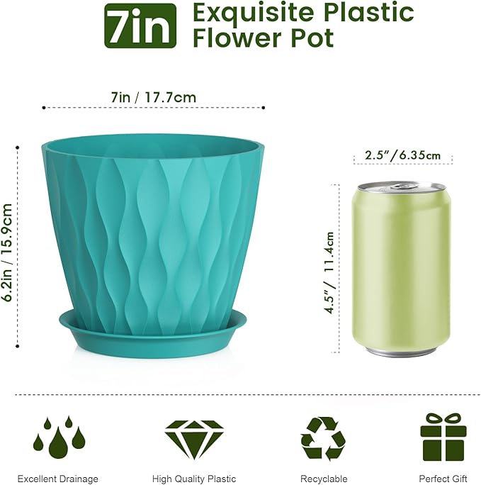 Meowell 7 inch Plant Pots for Indoor Outdoor Plants, 5 Pack Thick Flower Pots with Drainage Holes and Saucers, 3D Modern Wave Texture Plastic Planter Pots for Nursery and House Plants, Blue Green