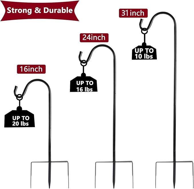 EXCMARK 2 Pack Shepherd Hook Adjustable Height 31/24/16’’ 1/2 inch Thick Use at Weddings, Hanging Solar Lights, Lanterns, Bird Feeders, Metal Hanger Hook (Black, 31 inch). U.S. Patent.