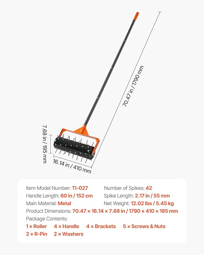 VEVOR Rolling Lawn Aerator, 15 in Manual Push Aerator Roller with 42 Spikes & 60 in Long Handle, Fillable Drum for Added Weight, Heavy-Duty Lawn Soil Penetrator for Garden Yard Compacted Soils