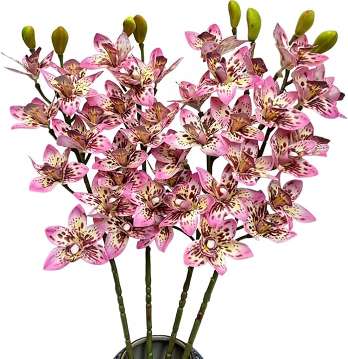 4pcs Artificial Cymbidium Orchid Flowers Real Touch Fake Pink Orchids, 10 Heads Lifelike Flower for Wedding Centerpieces Home Decor Living Room Bathroom Office Vase Arrangements (Pink)