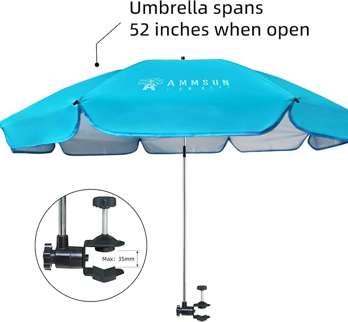 AMMSUN XL Chair Umbrella with Universal Clamp Adjustable 47 inches and 360-degree Swivel UPF 50+, Portable Clamp on Camping or Beach Chair, Stroller, Wheelchair, Golf cart, Bright Blue, Large-sized