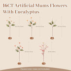 Alupssuc 16PCS Faux Silk Pompon Mums Artificial Flowers with Eucalyptus, Fake Chrysanthemum Floral for DIY Vase Arrangement, Long Stem Dining Table Centerpiece Home Decor, Mix 4 Colors