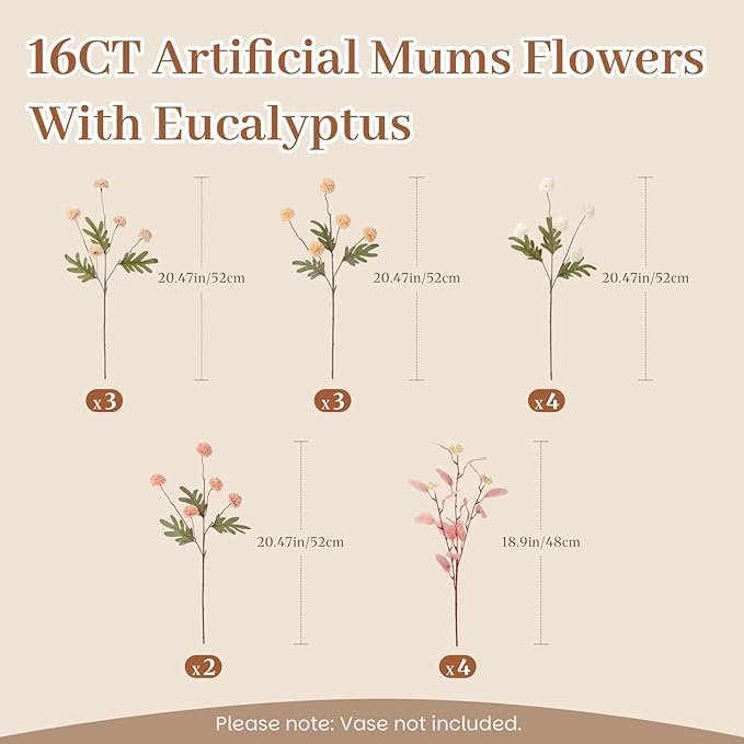 Alupssuc 16PCS Faux Silk Pompon Mums Artificial Flowers with Eucalyptus, Fake Chrysanthemum Floral for DIY Vase Arrangement, Long Stem Dining Table Centerpiece Home Decor, Mix 4 Colors