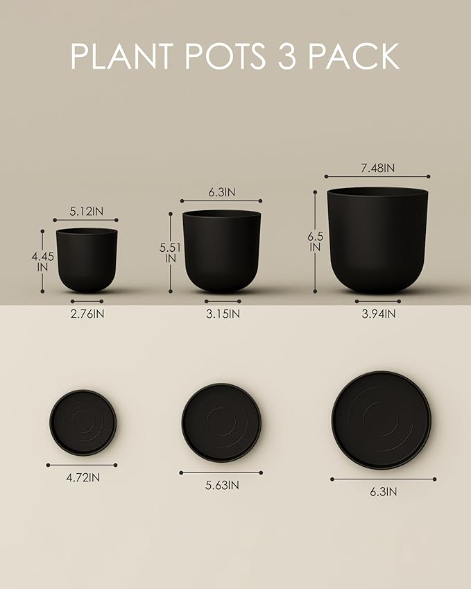 Bamworld Plant Pots Planters for Indoor Plants Flower Pots with Drainage Holes 5/6/7.5 Inch Set of 3 Plastic Planters for Outdoor Plants Garden Pots for Office Room Home Decor Black