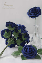 Floroom Artificial Flowers 50pcs Real Looking Royal Blue Foam Fake Roses with Stems for DIY Wedding Bouquets Bridal Shower Centerpieces Floral Arrangements Party Tables Home Decorations