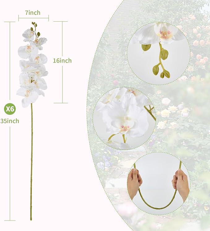 6 Pcs Artificial Orchid Stems 33.5" Tall 9 Large Petals Fake White Phalaenopsis Flower Arrangements for Home Wedding Living Room Table Centerpiece Office Table Decor White