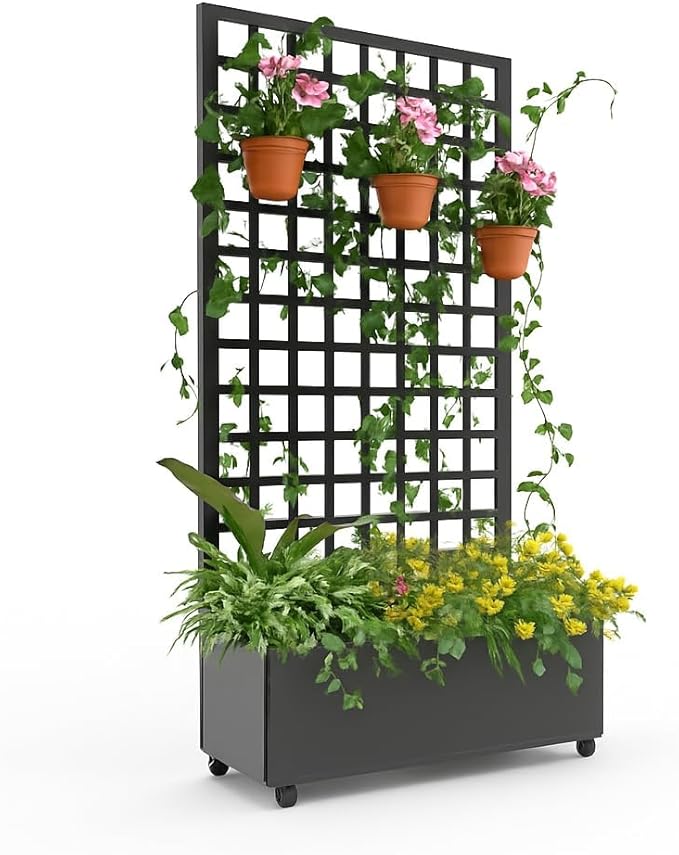 Garvee Metal Planter Box with Diamond Trellis, 72"X47" Galvanized Raised Garden Bed on Locking Wheels, Deep Planter with Drainage for Climbing Plants, Flowers, Patio & Balcony, Black