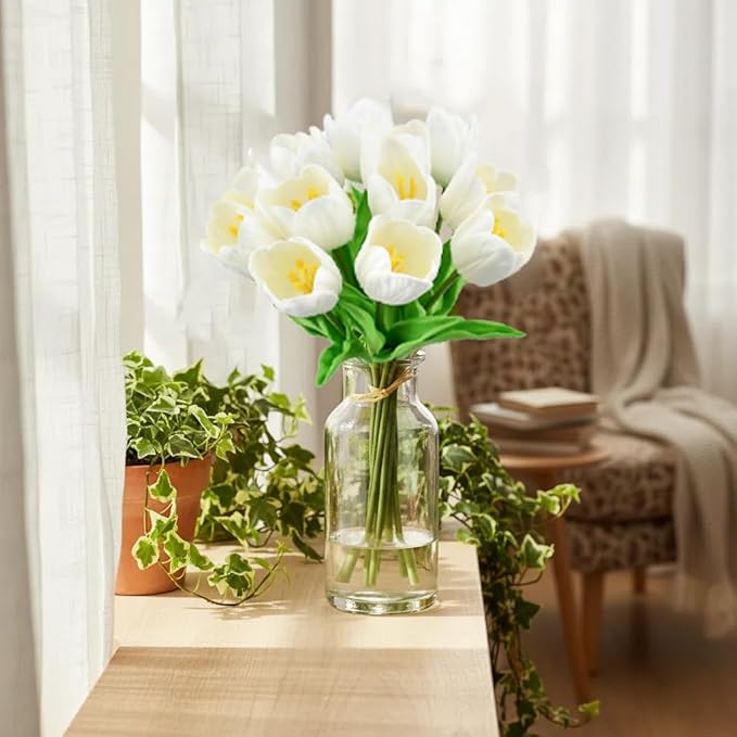 Mandy's Cream Partially Open Artificial Tulips Flowers Centerpiece, 13.5" Lifelike PU Fake Floral Stems 12pcs for Kitchen Island & Dining Table, Spring Decor for Easter