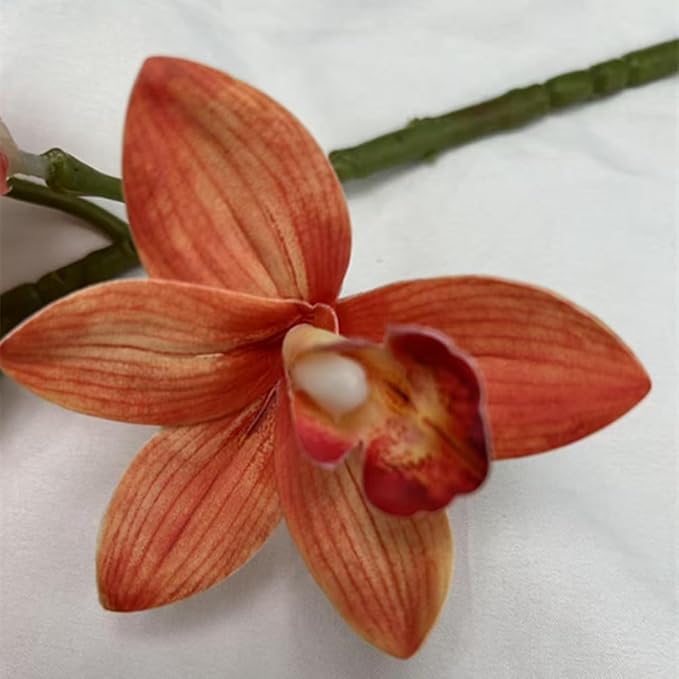 4pcs Artificial Cymbidium Orchid Flower Plant 3D Print Vanda 10 Heads Latex Phalaenopsis Flower (Orange)