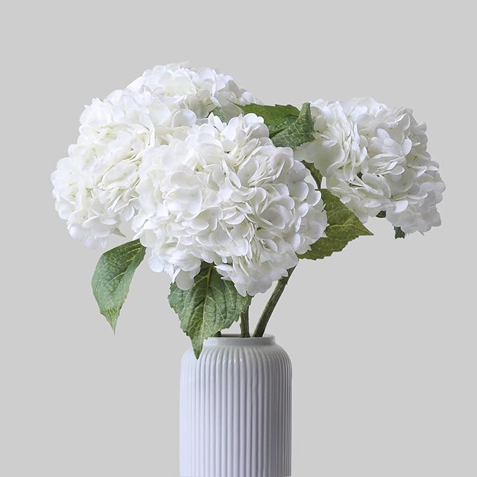 Buart 3PCS Long Stem Big Size Flowers Artificial Silk Hydrangea Lifelike Flowers Real Touch White Artificial Flowers Wedding Shower Bride Bouquets Office Living Room Table Decorations (21 Inch)