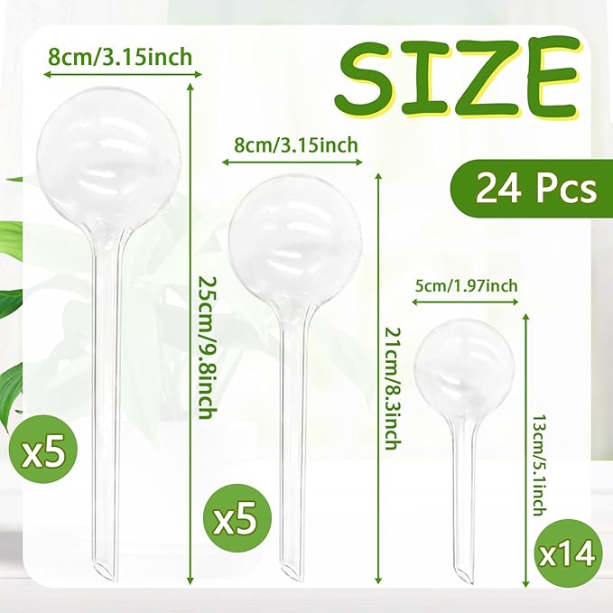 Pynqdfu 24 Pcs Plant Watering Globes,Clear Plastic Self-Watering Bulbs,Garden Automatic Watering Globes for Plant,Indoor,Outdoor,Graden,Flowers(Large,Medium,Small)