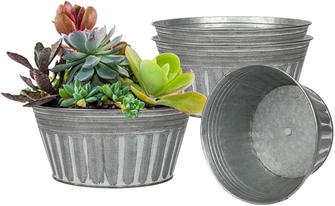 vensovo 9 Inches Silver Metal Rustic Plant Pots - 4 Pcs Large Shallow Galvanized Planters with Drain Hole and Rubber Plug, Rustproof Tin Bucket Succulent Pot Indoor Farmhouse Vintage Style for Decor