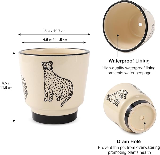 STHIE 5 Inch Ceramic Planters for Indoor Plants, Funny Small Plant Pots with Drainage, Unique Decorative Cute Flower Pot Panthers Round Flowerpots