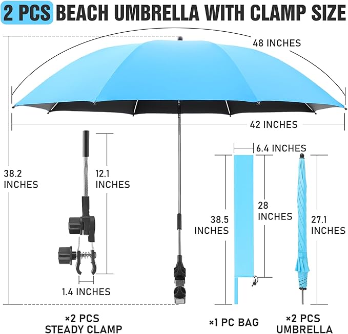 2 PACK Beach Umbrella with Clamp, 360 ° Adjustable Umbrellas for Chair, UPF50+ Umbrella for Beach Chair, Patio Chair, Wheelchair, Camping Chair, Golf Carts (Chair Not Included)
