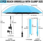 2 PACK Beach Umbrella with Clamp, 360 ° Adjustable Umbrellas for Chair, UPF50+ Umbrella for Beach Chair, Patio Chair, Wheelchair, Camping Chair, Golf Carts (Chair Not Included)