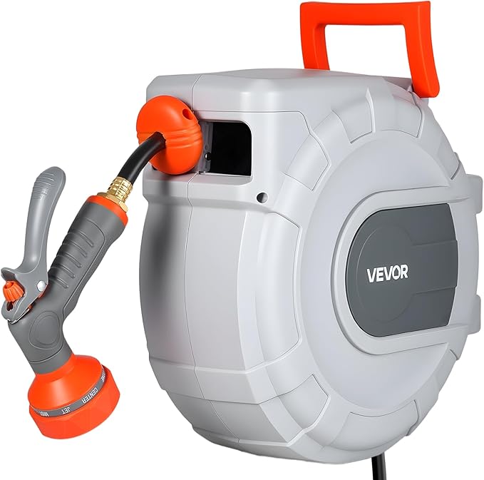 VEVOR Retractable Garden Hose Reel, 1/2 in x 50 ft, Wall Mounted Hose Reel with 9-Function Sprayer Nozzle and 180° Swivel Bracket, Any Length Lock, Automatic Slow Rewind System, for Garden Watering