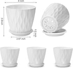 4 inch Plant Pots, 5 Pack Flower Pots Outdoor Indoor, Planters with Drainage Holes and Tray Saucers（White）