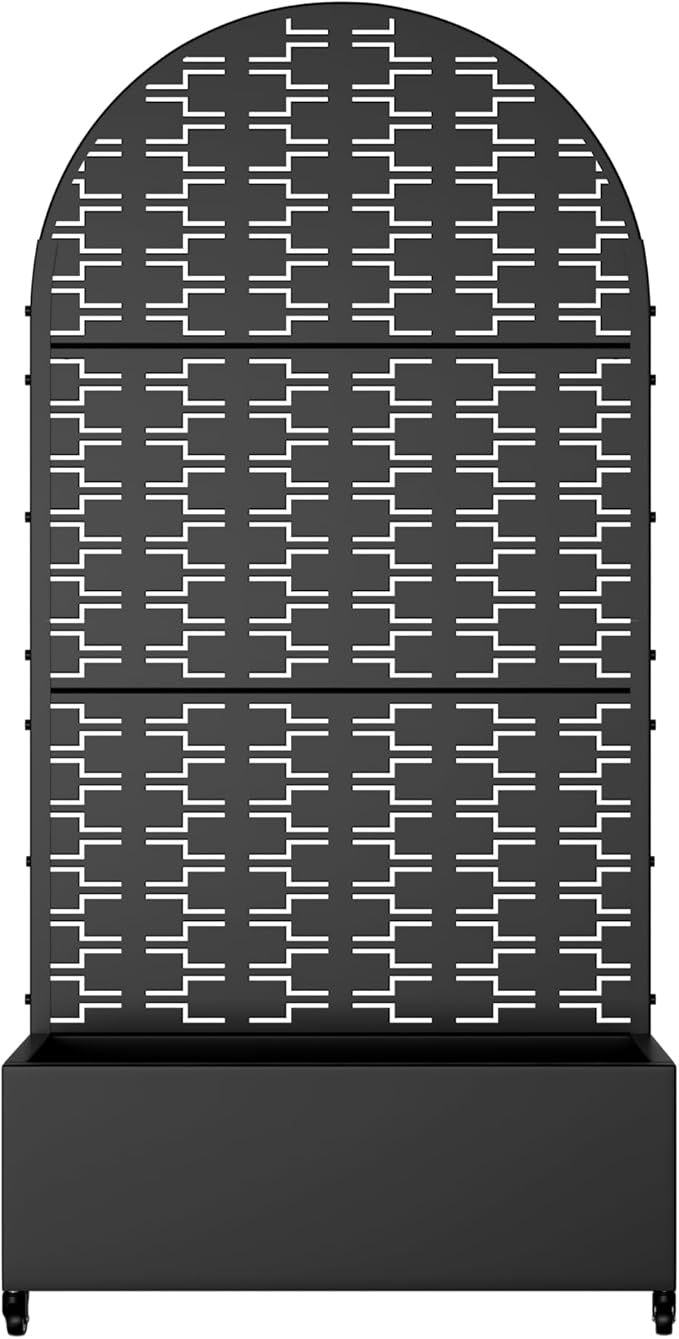 Casaphoria Metal Raised Garden Bed with Trellis and Wheels, 72"x35"x16" Arched Planter Box for Climbing Plants, Vegetables & Vines, Features Drainage Holes and Privacy Screen (Black-Brick)