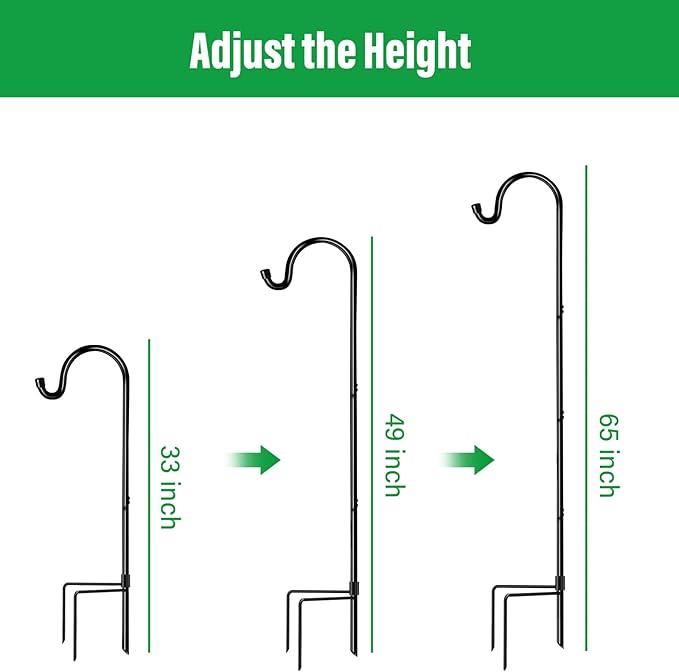 GOFORWILD Shepherd’s Hooks 6 Pack Black, 65 inches Tall, Adjustable Garden Hook for Outdoor, Hanging Plant, Solar Lights, Lanterns, Bird Feeders, Garden Stake and Wedding Decor, 7015-3