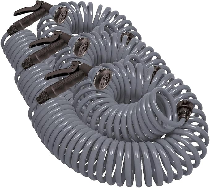 Orbit 26382 Coil Garden Hose, 25 Feet, with 8-Pattern Hose Nozzle (Gray) (Pack of 3)