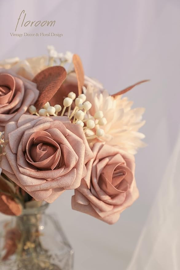 Floroom Artificial Flowers 25pcs Real Looking Warm Taupe & Nude Foam Fake Roses with Stems for DIY Wedding Bouquets Bridal Shower Centerpieces Floral Arrangements Party Tables Home Decorations