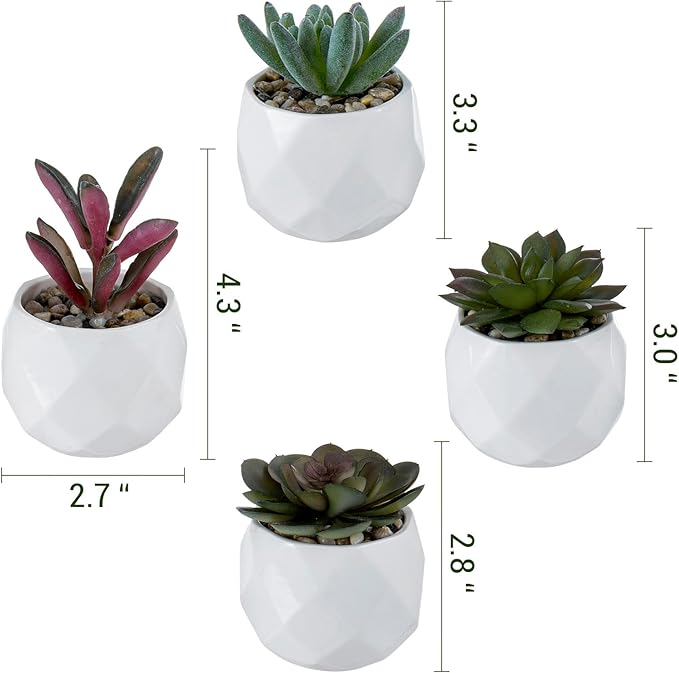 MyGift Miniature Artificial Succulents, Indoor Fake House Plants in Round White Geometric Ceramic Pots, Set of 4