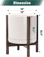 D'vine Dev Ceramic Planter with Walnut Color Stand - 14 Inch Modern Round Flower Pot with Wood Planter Holder, Oatmeal, 55-B-T-8