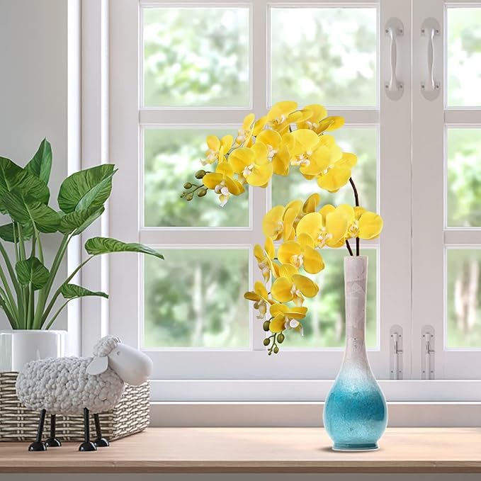 36" Faux Orchid Real Touch Signal Stem Phalaenopsis Orchid Spray with 9 Large Flowers for Home Arrangement, Artificial Flowers for Home Decor, Office House Decoration-Yellow Phalaenopsis 2 Pcs