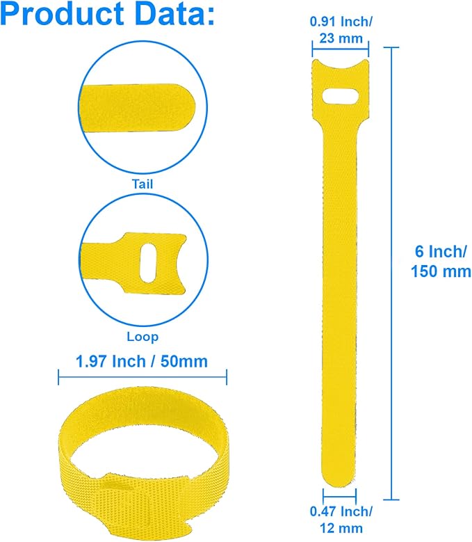 California JOS 60 PCS 6 Inches Reusable Cable Ties, Adjustable Cord Straps, Cable Organizer, Cord Wrap and Hook Loop Cords Management -yellow