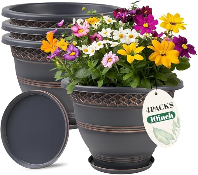 Usocik 10 Inch 4 Pack Plant Pots, Plastic Flower Pot for Indoor & Outdoor with Drainage Holes & Saucer, Plaid Pattern Planters Garden Pots for Herbs